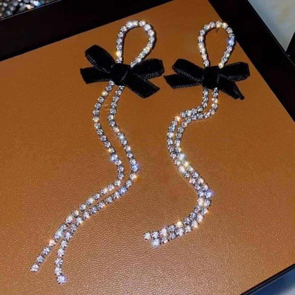 Long Rhinestone Drop Velvet Bow Earrings